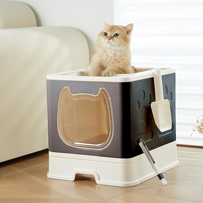 Vealind Covered Cat Litter Box with Sifting Lid, Kitty Litter Box Enclosure, Top Entry Enclosed Litter Box with Litter Scooper and Brush, Black & White Easy Clean Hooded Travel Litter Box for Cats