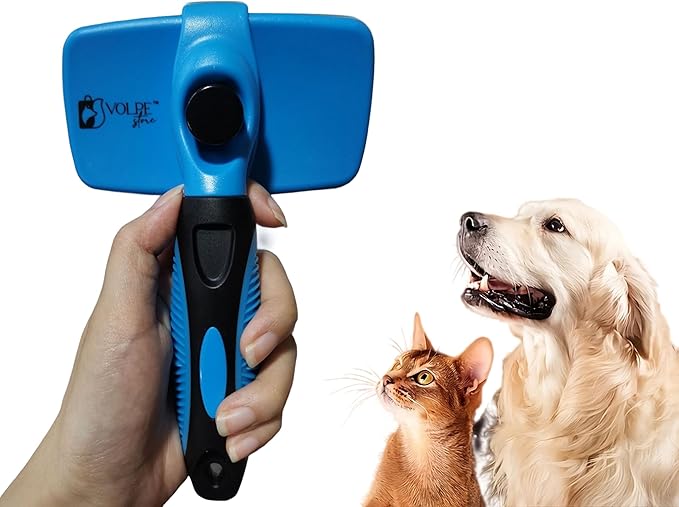 Volpe Self-Cleaning Slicker Brush for Cats & Dogs,Pets Short & Long Hair,Gentle Grooming Tool,Ergonomic Handle,Easy to Clean,Deshedding & Removal Tangled Fur,Dark Blue