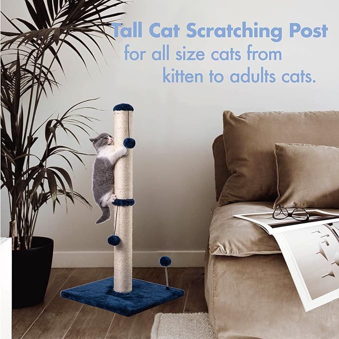 MECOOL 34“ Tall Cat Scratching Post Premium Basics Kitten Scratcher Sisal Scratch Posts Trees with Hanging Ball for Indoor Cats (34 inches for Adult Cats, Navy)
