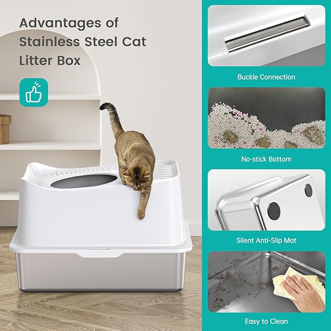 Stainless Steel Cat Litter Box, Large Top Entry Litter Box for Big Cats, Enclosed Kitty Litter Box with Lid, Metal Cat Litter Box Never Absorbs Odors, Easily Cleaning, Include Scoop