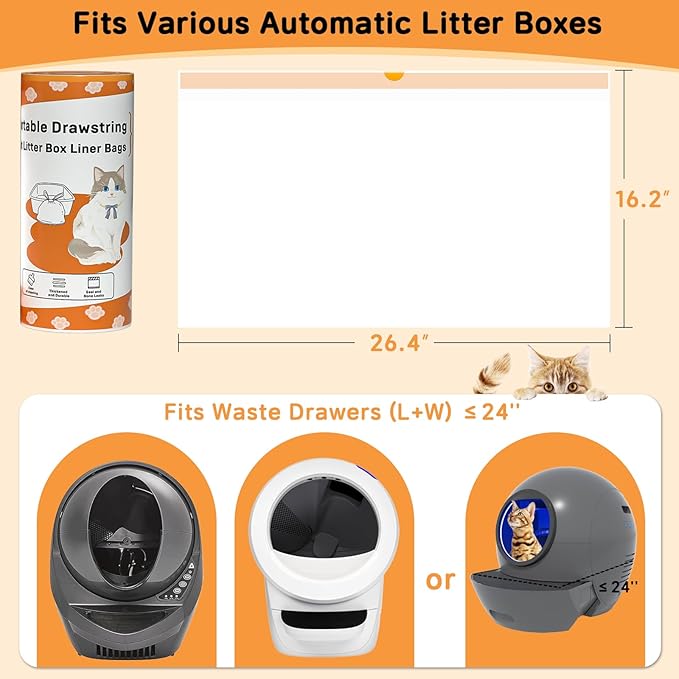 Cat Litter Box Robot 4 and 3 Waste Bags β 120 Count Extra Thick Drawstring Liners Compatible with Self-Cleaning Litter Box Robot, Heavy-Duty Cat Litter Box Liner Bags, 9-11 Gallons