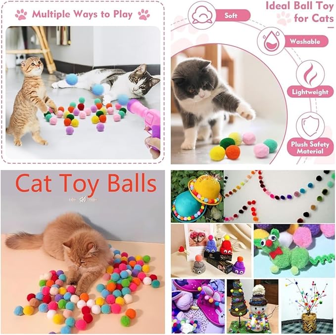 Cat Ball Launcher Toy, 50PCS 1.2Inch Cat Pompom Ball and 2 Cat Ball Toy Launcher, Soft Interactive Cat Balls, Active Cat Exercise Toys for Indoor Cats-Multi-Colored