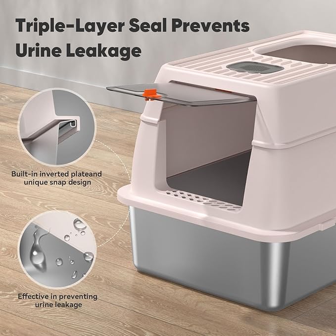 Stainless Steel Cat Litter Box with Lid Scoop, Extra Large Enclosed Metal Litter Box, Front Entry Top Exit Covered Toilet Big Cat Litter Box, Removable Hooded Corner Kitty Litter Pan Boxes