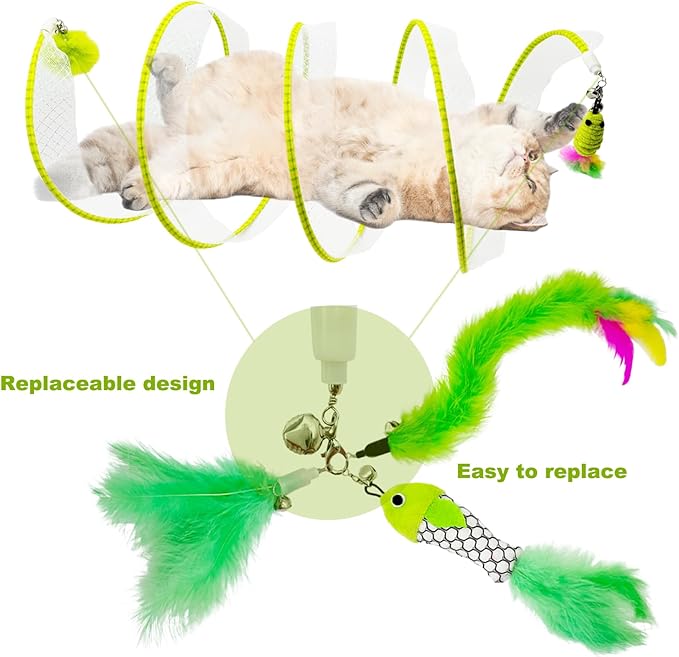 Spiral Tunnel Cat Toys, Self Play Cat Spiral Tunnel Toy, Folded Cat Tunnel Spring Toy for Indoor Cats (Green)