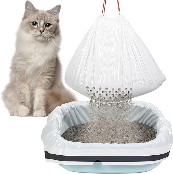 56 Count Sifting Cat Litter Bags Jumbo Thick Cat Litter Box Liners with Holes Disposable Extra Large Cat Pan Liners with Drawstring Scratch Resistant Quick Clean for Kitty Litter Box,36 x 18 Inch