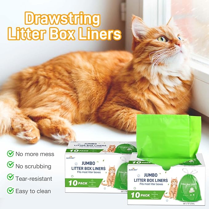 Cat Litter Box Liners 20 Count, Jumbo Cat Litter Bags Liners 36" x 19" Drawstring Heavy Duty Liners for Cat Litter Box Extra Durable Easy Clean Up Fits Most Litter Pan