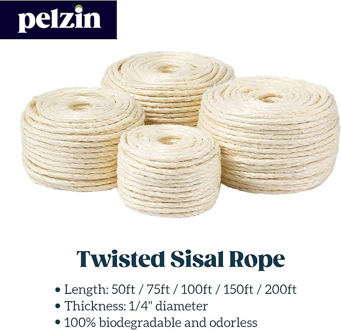 Natural Sisal Rope for Cat Scratcher 1/4 Inch by 200 Feet, Cat Tree Rope Twine for Cat Scratching Post Replacement, Cat Tower with Scratch Post Repairing, Replace, Recovering and DIY, White