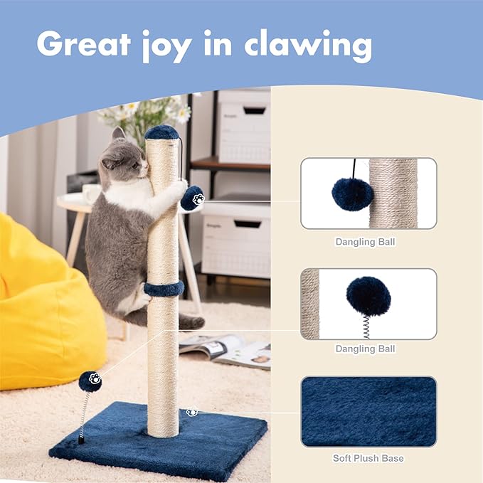 MECOOL 34“ Tall Cat Scratching Post Premium Basics Kitten Scratcher Sisal Scratch Posts Trees with Hanging Ball for Indoor Cats (34 inches for Adult Cats, Navy)