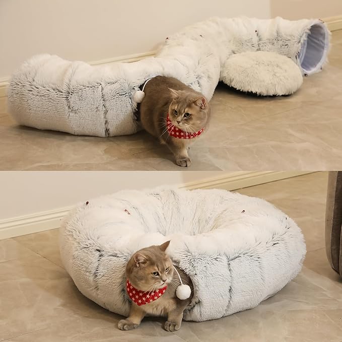 Warmer Plush Cat Play Tunnel Grey With Cat Bed For Indoor Cats Soft Plush Material Tubular Playground Toys Collapsible Multifunctional Cat Toys For Small Medium Large Cat Puppy Cat Play Tunnels (Grey)