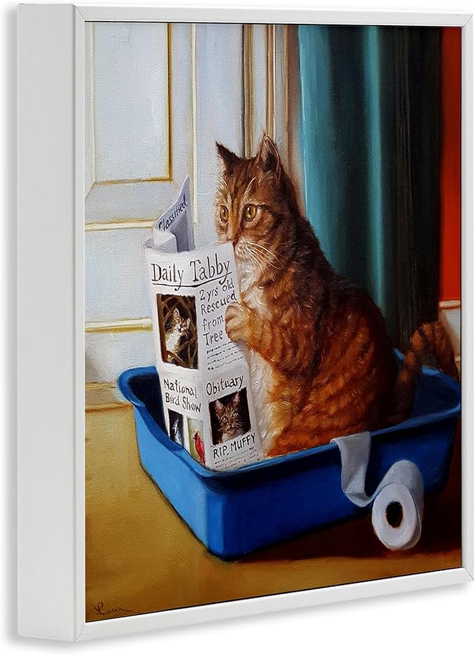 Stupell Industries Litter Box Reading Funny Cat Pet Painting, Design by Lucia Heffernan White Framed Wall Art, 17 x 17, Multi-Color