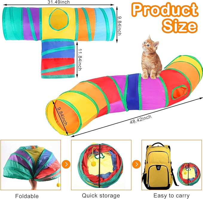 Wettarn 22 Pieces Cat Toys Set, with 2 Collapsible Cat Tunnels for Indoor Cats and 20 Kitten Toys Cat Tubes and Tunnels Interactive Cat Feather Toy Mouse Crinkle Balls for Cats Puppies (Colorful)