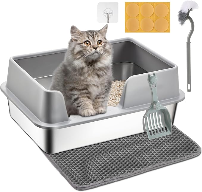 Stainless Steel Litter Box - Cat Metal Litter Box with Splash-Proof Lid, Easy Cleaning & Odor-Less Stainless Steel Cat Litter Box with Double Layer Litter Mat, Litter Scoop, Brush, 20” x14”
