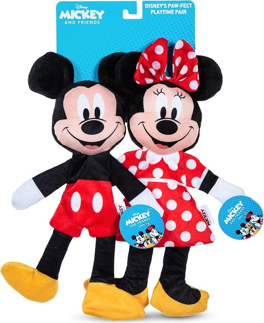 Mickey Mouse & Minnie Mouse Plush Squeaker with Crinkle Flattie Body Dog Toy Set | Disney Dog Toys | Plush Squeaker Toy for Dogs Inspired by Mickey Mouse, 13.5in - 2 Pack