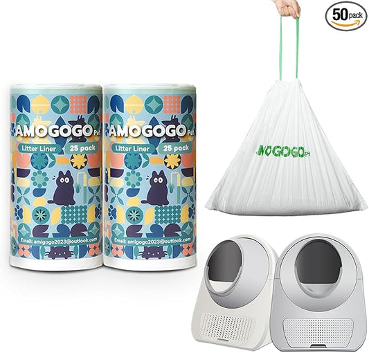 50 Pack Litter Box Bags, Compatible with Self Cleaning Litter Box Scooper Young and Pro, Automatic Litter Box Bags Liners, Replacement Trash Bags with Drawstring, 25.59" x 15.75"