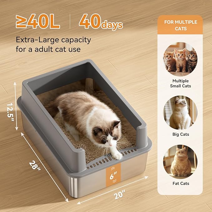 Extra Large 28" x 20" Litter Box Pan for Big Cats Maine Ragdoll Metal Large Enclosed Stainless Steel Litterbox with Lid Litter Scoop Gray, Non-Sticky, Anti-Leakage, Easy Cleaning
