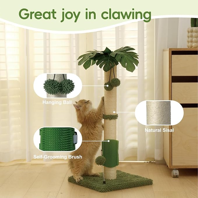 MECOOL Cat Scartching Post,30-inch Cute Scartching Posts for Indoor Cats and Kittens,Natural Sisal Rope and Hanging Ball Toy, Self-Grooming Brush,Green