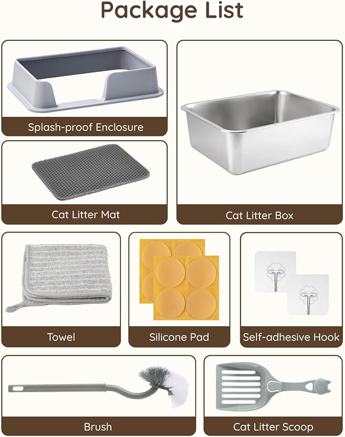 Stainless Steel Litter Box - Cat Metal Litter Box with Splash-Proof Lid, Easy Cleaning & Odor-Less Stainless Steel Cat Litter Box with Double Layer Litter Mat, Litter Scoop, Brush, 20” x14”