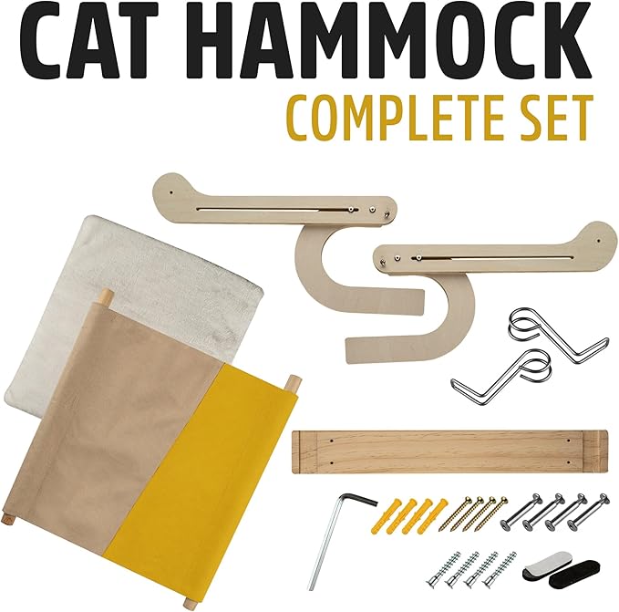 Cat Window Perch with Comfortable Bedding - Cat Perch for Window & Wall - Easy to Install Wooden Cat Window Hammock - Window Cat Perch for Small & Large Cats (Yellow & Beige)