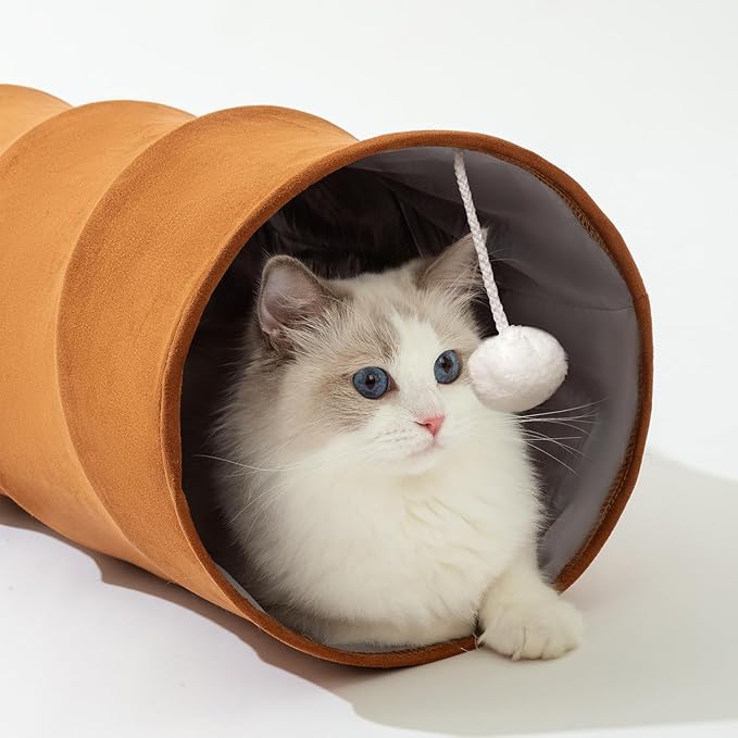 HIPIPET Straight Cat Tunnels for Indoor Cats,Collapsible Cat Tunnel for Small Medium Large Cats with Cat Toy Ball,Cute Bear. (Brown)