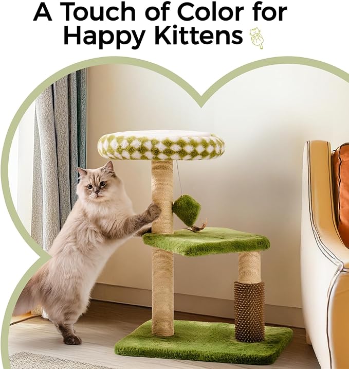 Mewoo Small Cat Tree Tower, Cat Tower with Scratching Post, Cat Trees with Removable Cat Perch for Indoor Cats Large Adult, Cute Cat Tree with Interactive Cat Toys for Kittens (Green, Large)
