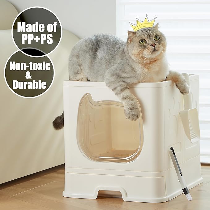 Vealind Covered Cat Litter Box with Sifting Lid, Kitty Litter Box Enclosure, Top Entry Enclosed Litter Box with Litter Scooper and Brush, Easy Clean Hooded Travel Litter Box for Cats, Beige Litter Box