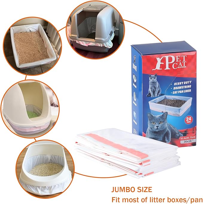 Jumbo Cat Litter Box Liners with Drawstring, 24 Count Extra Thick and Durable Litter Box Liner Bag Disposable Waste Bags for Home/Kitchen Trash Cans (36" x 18")