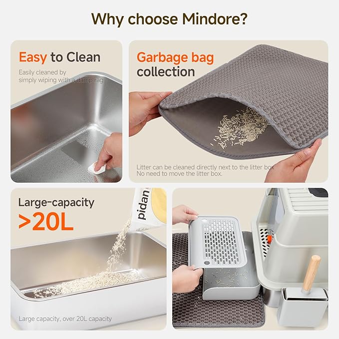 Stainless Steel Litter Box with Lid,Extra Large Metal Litter Box for Big Cats,Front Entry Top Exit Kitty Litter Box,Covered Litter Box with Triple Pedal,Scoop and Mat,Odor Free,Non-Sticky,Anti-Leakage