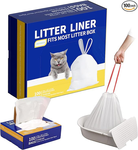 Drawstring Litter Liner Bags 100 Pack-Cat Litter Box Liner Bags for Litter Box Robot 3 and 4 Thick Waste Bags for Self-cleaning Cat Litter Box Liner Trash Bags for Home/Kitchen Trash Cans