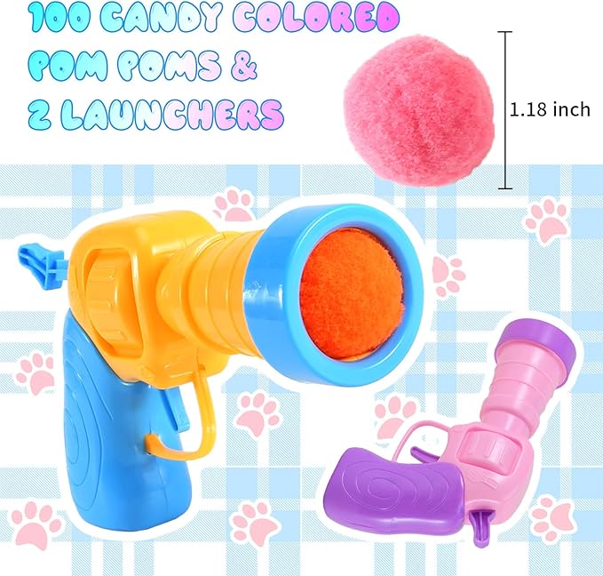 102Pcs Cat Ball Toy Launcher Gun,Cat Balls Fetch Toy - Includes 100 Colorful Plush Cat Balls and 2 Exciting Launchers Set,for Bored Indoor Adult Cats, Cute Kitten Kitty Toys