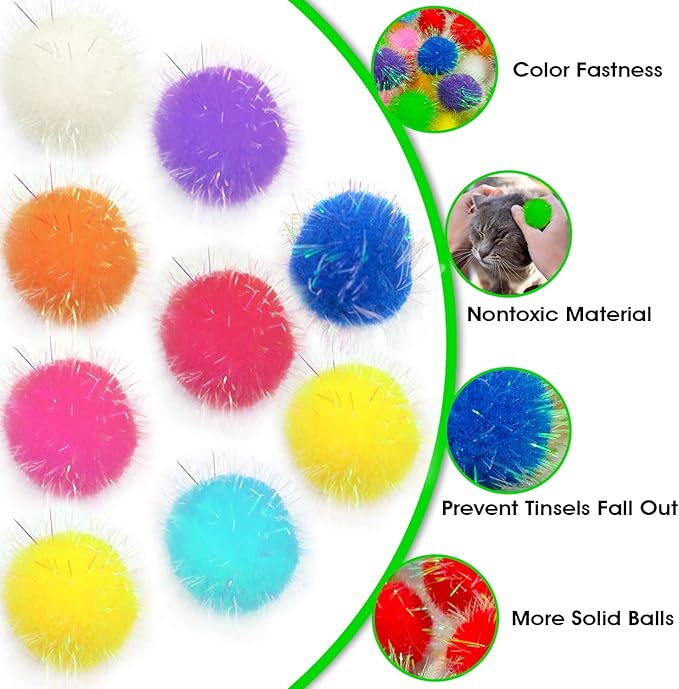 30 Pieces Sparkle Pom Pom Balls for Cat - Interactive Glitter Balls, Multicolor, Size of 1.2 inches, Best as Kitten Play Toys