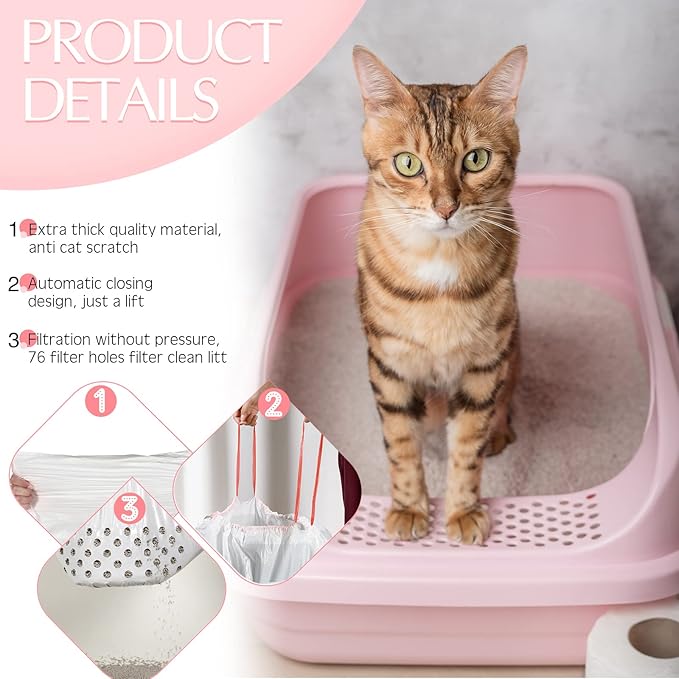 56 Count Sifting Cat Litter Bags Jumbo Thick Cat Litter Box Liners with Holes Disposable Extra Large Cat Pan Liners with Drawstring Scratch Resistant Quick Clean for Kitty Litter Box,36 x 18 Inch
