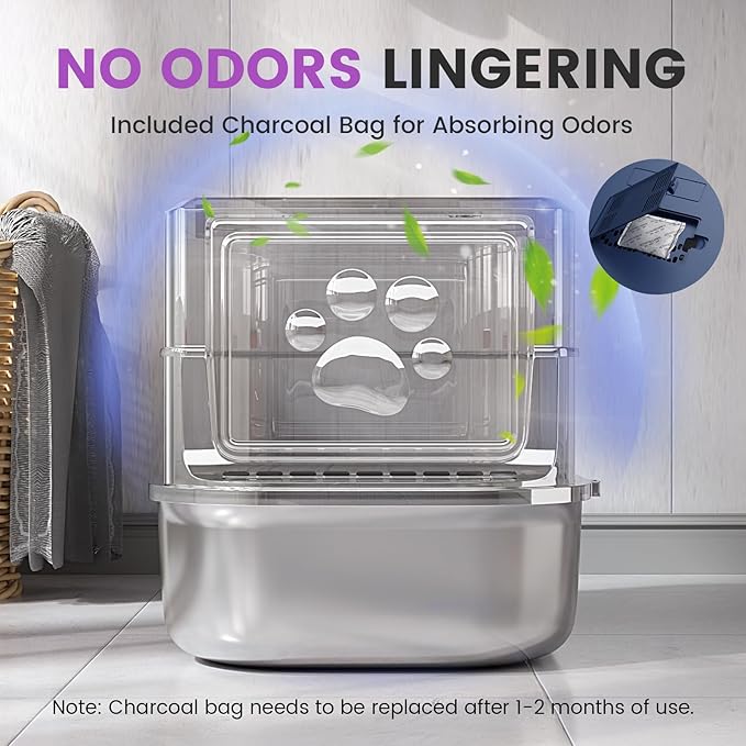 Stainless Steel Cat Litter Box with Lid - 3 in 1 Enclosed Cat Litter Box XL Extra Large Odor Control Covered Metal Litter Pan for Big Multiple Cats Includes Step, Scoop, Cat Scratcher Mat