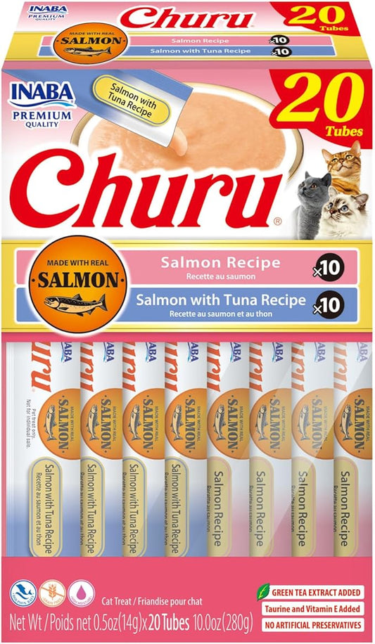 INABA Churu Cat Treats, Lickable, Squeezable Creamy Purée Cat Treat with Green Tea Extract & Taurine, 0.5 Ounces Each Tube, 20 Tubes, Salmon & Tuna Variety Box