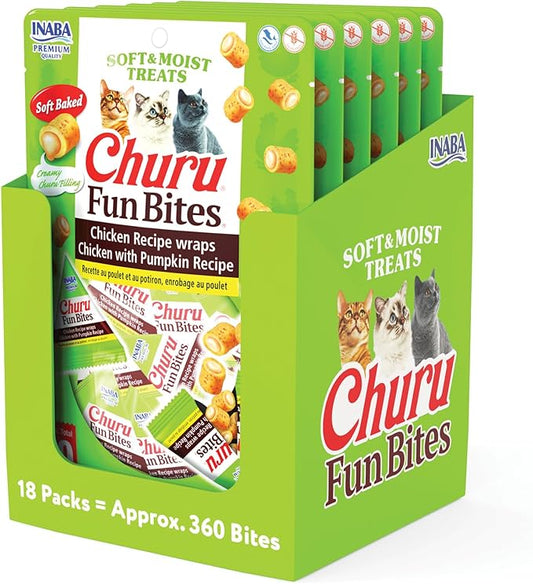 INABA Churu Fun Bites for Cats, Soft & Chewy Baked Chicken Wrapped Filled Cat Treats with Taurine, 0.42 Ounces Each Tetra, 18 Tetras (3 per Bag), Chicken with Pumpkin Recipe