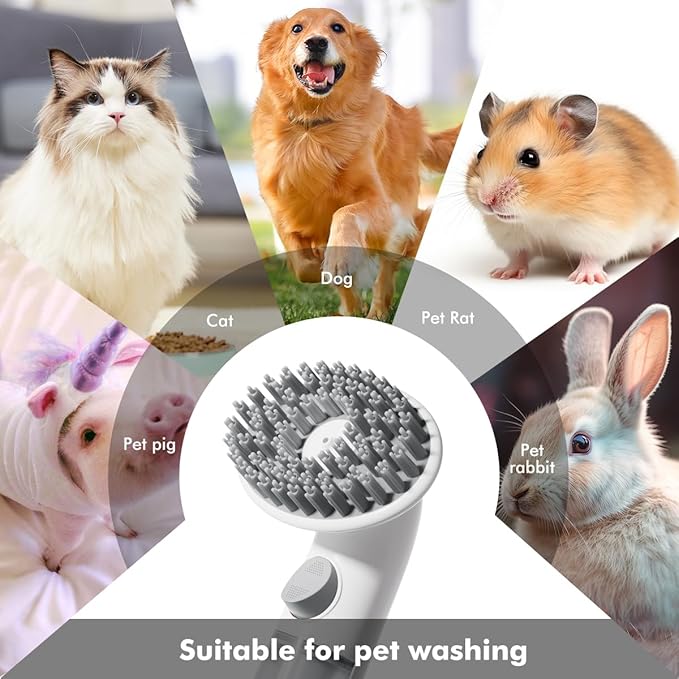Pet Bath Brush Shampoo Dispenser for Cats Dogs, Cat Clean & Massage Brush with Soft Silicone Bristles for Pet Grooming Washing (White & Grey)