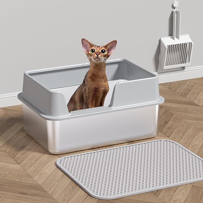 Stainless Steel Cat Litter Box with Lid,19.7”L x 13.8”W x 9.9”H Deep,Metal Litter Box with high Sides,with Litter Mat,Litter Scoop and Cat Toys,Non-Sticky,Anti-Leakage,No Smell,Easy Cleaning