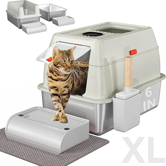 Stainless Steel Litter Box with Lid,Extra Large Metal Litter Box for Big Cats,Front Entry Top Exit Kitty Litter Box,Covered Litter Box with Triple Pedal,Scoop and Mat,Odor Free,Non-Sticky,Anti-Leakage