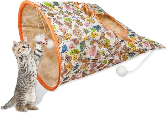 Andiker Cat Tunnel Bags for Indoor Cats, 13x17x12In Foldable Cat Crinkle Bag with 3 White Plush Balls and 1 Mouse 5 Holes for Kitten to Hide and Catch 3 Layers Cat Toy (Bird)