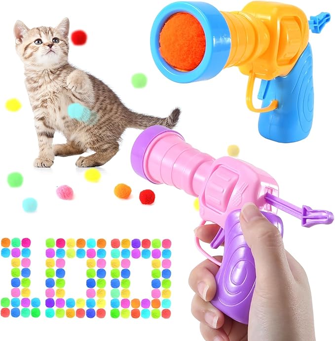 102Pcs Cat Ball Toy Launcher Gun,Cat Balls Fetch Toy - Includes 100 Colorful Plush Cat Balls and 2 Exciting Launchers Set,for Bored Indoor Adult Cats, Cute Kitten Kitty Toys