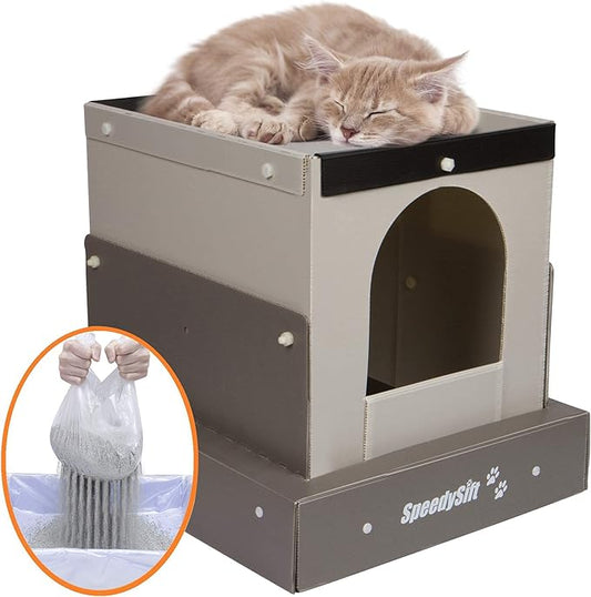 Hooded Cat Litter Box Starter Kit, includes Disposable Sifting Liners, Plastic Cardboard Box with 5 Year Warranty