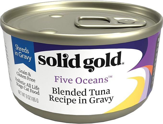 Solid Gold Wet Cat Food Shreds in Gravy - Canned Cat Food Made w/Real Tuna - Five Oceans Grain Free - 24ct/3oz Can