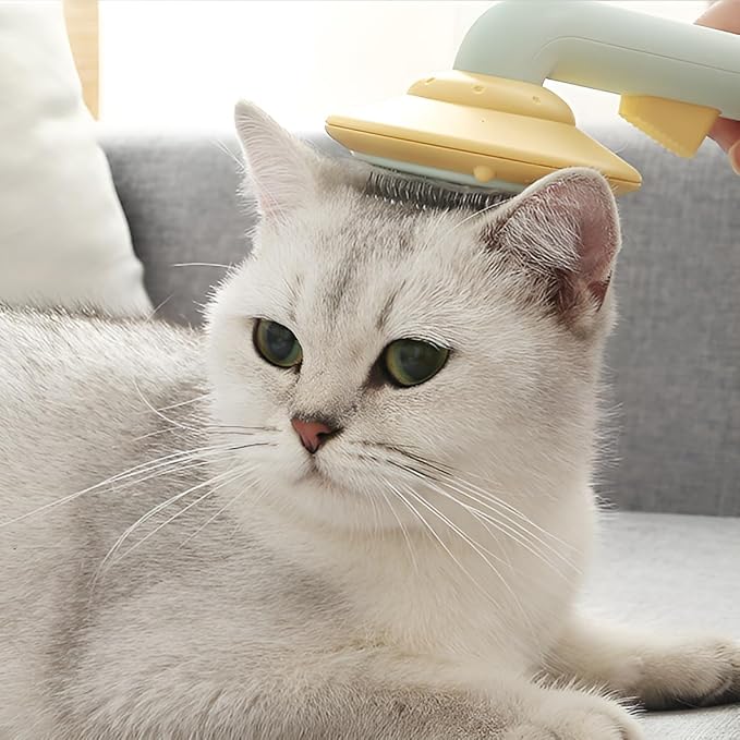 Cat Brush With Release Button Self Cleaning Cat Hair Brush Flea Comb Cat Brush For Shedding Indoor Cat Long Haired Short Haired Dog Grooming Supply Cat Essential Hangable UFO Shape (yellow)