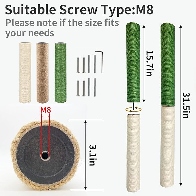 VCEPJH Cat Scratching Post Replacement for Indoor Cats 4Pcs 15.7in Cat Scratch Post Refill Pole Parts Sisal Rope Cat Furniture Protector with M8 Screws for Cat Tree Tower (White)