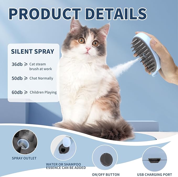 Cat Steam Brush for Shedding, 3 in 1 Cat Steamy Brush, Cat Grooming Brush With Steam, Rechargeable Steam Pet Brush for Dog And Cat,Self Cleaning Steam Brush for Massage,Clean and Removing Loose Hair
