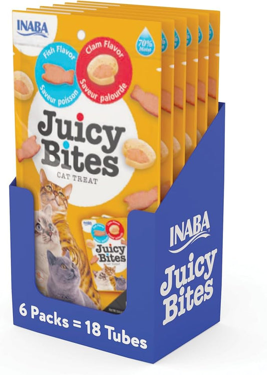 INABA Juicy Bites, Moist & Chewy Cat Treats with Vitamin E and Green Tea Extract, 0.4 Ounces per Pouch, 18 Pouches (3 per Bag), Fish and Clam