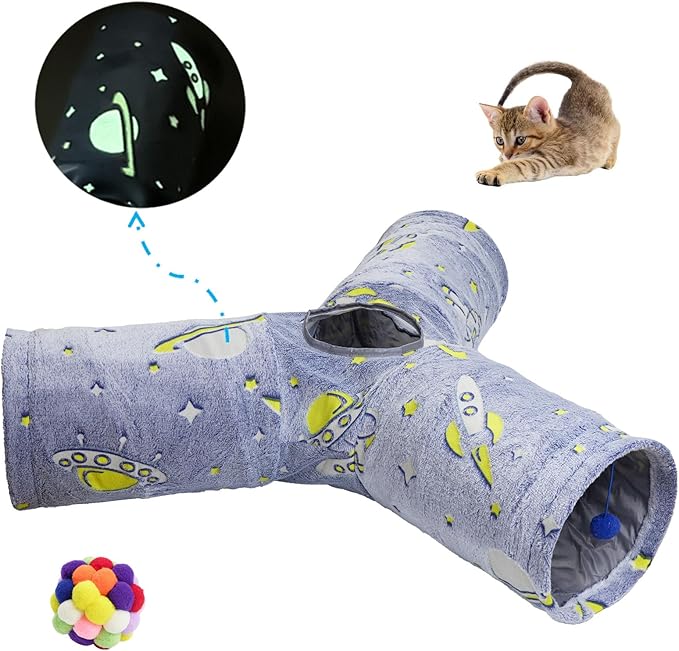 3-Way Plush Cat Tunnel Tube, Cat Toys Collapsible Tunnel Tube with Noctilucous Pattern and Cat Toy Ball, Cat Tunnel for Indoor, Suit for Rabbits, Kittens, Ferrets,Puppy and Dogs,Small Animals