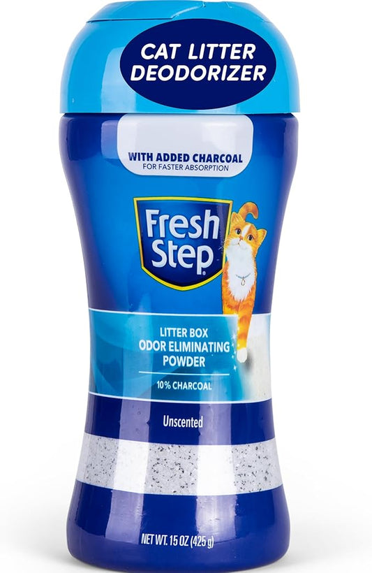 Fresh Step Cat Litter Box Odor Eliminating Powder with Charcoal, Unscented Cat Odor Eliminator for Home, Odor Absorber Cat Litter & Housebreaking Supplies, 15 Ounce