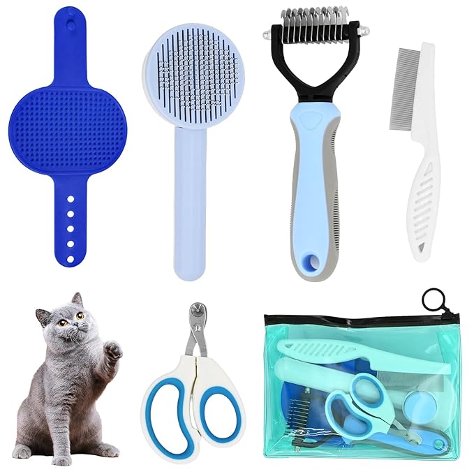 Cat Grooming Brushes, 5pcs Puppy Brush Kit for Grooming, Pet Grooming Kit, Cat Brushes, Cat Nail Clipper, Bath Brush, Comb, Dog Brush for Shedding, Cat Supplies for Short & Long Haired Cats