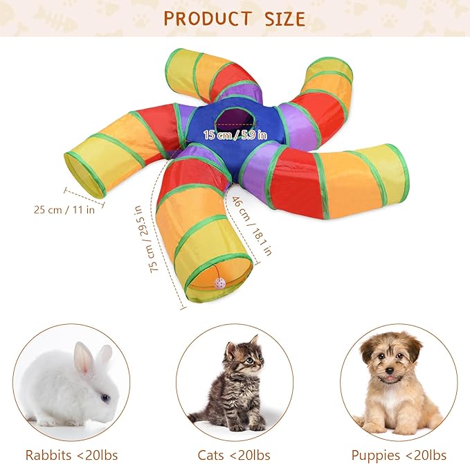 Cat Tunnels for Indoor Cats, 5 Way Cat Tubes and Tunnels Collapsible S-Shaped Cat Toys, Kitty Tunnels with Play Ball, Interactive Pet Tube Toys for Puppy, Kitty, Kitten, Rabbit, Multicolor