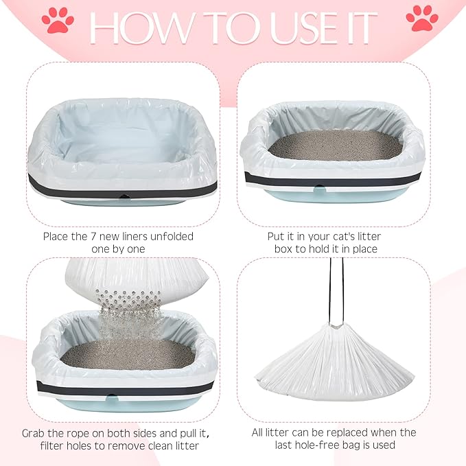 84 Count Sifting Cat Litter Box Liners with Holes Extra Large Cat Litter Bags Jumbo Thick Pan Liners with Drawstring, 36 x 18 Inch
